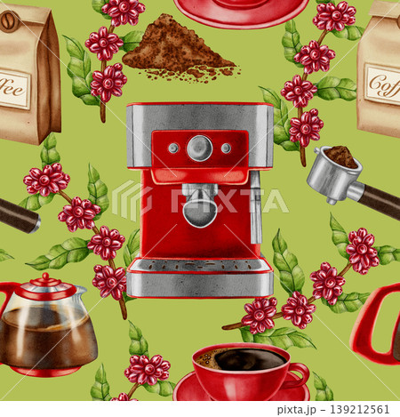 Hand painted watercolor seamless pattern of a coffee machine, portafilter, pot, and cup. Perfect for modern coffee shops, cafe branding, menu, and packaging. Hand painted watercolor seamless pattern of a coffee machine, portafilter, pot, and cup. Perfect for modern coffee shops, cafe branding, menu, and packaging. 139212561