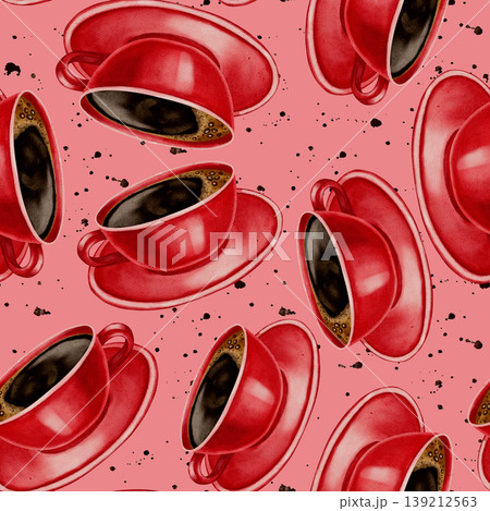A watercolor seamless pattern with red coffee cups, beans, and coffee branches. Perfect for coffee shop branding, menus, packaging, and textile prints. 139212563