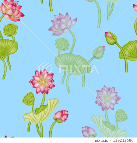 A seamless watercolor pattern featuring delicate pink lotuses, green water lilies, and flower buds. Ideal for textiles, wallpaper, romantic decor, cosmetics, and medical products. 139212590