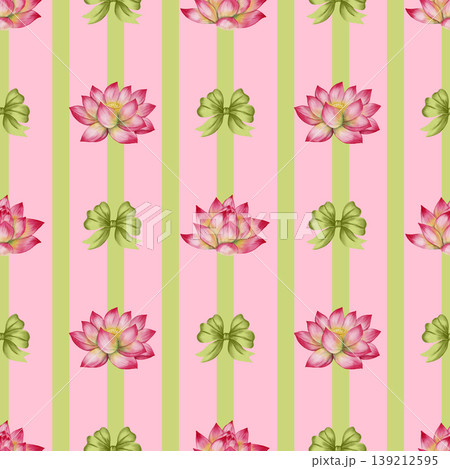 Seamless watercolor pattern with a lotus flower. Illustration of a pink water lily, ribbons, and bows. Perfect for textiles, wallpaper, romantic decor, cosmetics, and medical products. 139212595