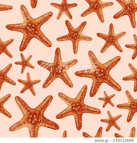 Watercolor seamless pattern with orange starfish on a white background. Hand-painted nautical illustration. Children's, nautical, travel themes. Suitable for design, prints, postcards, sea travel Watercolor seamless pattern with orange starfish on a white background. Hand-painted nautical illustration. Children's, nautical, travel themes. Suitable for design, prints, postcards, sea travel 139212609
