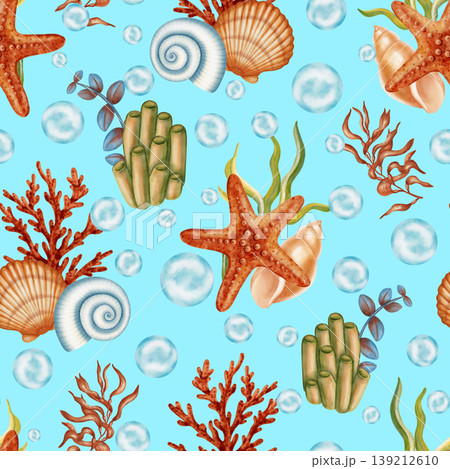 Seamless watercolor marine pattern with shells, starfish, corals, seaweed, and blue water bubbles. Children's, nautical, travel themes. Suitable for design, prints, postcards, sea travel  139212610