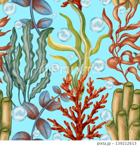 Detailed watercolor seamless pattern featuring various underwater plants, seaweed, red corals, blue bubbles. Children's, nautical, travel themes. Suitable for design, prints, postcards, sea travel Detailed watercolor seamless pattern featuring various underwater plants, seaweed, red corals, blue bubbles. Children's, nautical, travel themes. Suitable for design, prints, postcards, sea travel 139212613