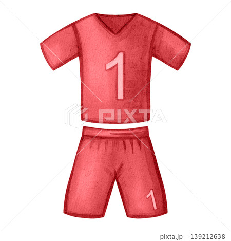 Soccer uniform set with number one. Watercolor illustration of football jersey and shorts. Sportswear apparel mockup isolated on white. Football. Sport 139212638