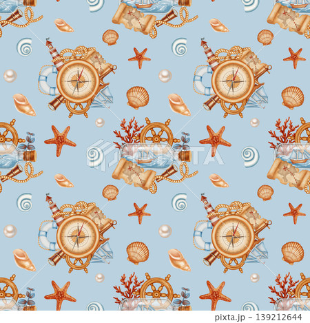 Elegant marine seamless pattern with watercolor ship in a bottle, large compass, lighthouse, and starfish. Children's, nautical, travel themes. Suitable for design, prints, postcards, sea travel  139212644