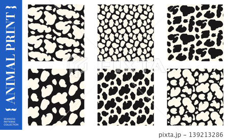 Animal spot seamless patterns in bold black and white for print. Cow and leopard animal skin in a modern monochrome collection. Hand drawn vector repeat background set with organic blob scatter motif Animal spot seamless patterns in bold black and white for print. Cow and leopard animal skin in a modern monochrome collection. Hand drawn vector repeat background set with organic blob scatter motif 139213286
