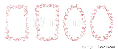 Bachelorette naive hand drawn whimsical frames. Coquette borders with bows set. Ribbon and lace squiggle menu cadre. Vector wedding frame isolated on white background. Christmas or Valentine oval form Bachelorette naive hand drawn whimsical frames. Coquette borders with bows set. Ribbon and lace squiggle menu cadre. Vector wedding frame isolated on white background. Christmas or Valentine oval form 139213288