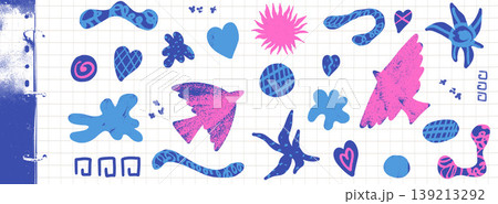 Sticker bird cutout set on notebook with folk crayon texture for scrapbook. Naive pink bird shape and blue paper blob with crosshatch. Vector folk collage set with naive dove and amoeba sticker shapes 139213292
