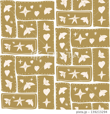 Dove and stars seamless pattern fill patchwork bento tiles on gold in a folk. Bird motifs in rectangle frames with stitch borders as a vector pattern for seamless print. Naive crayon dove on beige 139213294