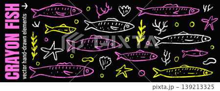 Sardine crayon neon fish outline for summer poster and party invitation. Doodle anchovy with chalk marker mood on black background. Sardine crayon y2k vector set with fuchsia and yellow glow isolated 139213325