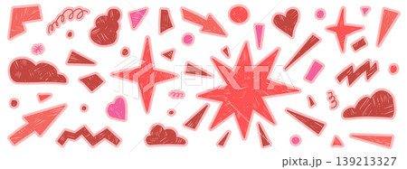 Paper cutout girly figures with crayon and annotation marks for romantic sticker pack. Pink and red geometric shapes, paper cutout on white background. Abstract vector doodle elements isolated Paper cutout girly figures with crayon and annotation marks for romantic sticker pack. Pink and red geometric shapes, paper cutout on white background. Abstract vector doodle elements isolated 139213327