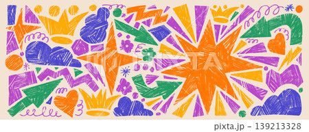 Geometric crayon figures for school and kid pattern poster. Hand drawn geometric forms with crayon texture and chalky finish. Playful vector design crown, star and arrow isolated on beige background Geometric crayon figures for school and kid pattern poster. Hand drawn geometric forms with crayon texture and chalky finish. Playful vector design crown, star and arrow isolated on beige background 139213328