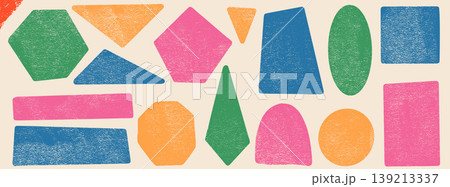 Playful kid shapes in bright colors with crayon ink texture for callout. Geometric kid shape set with hexagon, triangle, arch and oval on beige. Grunge hand drawn vector elements for text box frame Playful kid shapes in bright colors with crayon ink texture for callout. Geometric kid shape set with hexagon, triangle, arch and oval on beige. Grunge hand drawn vector elements for text box frame 139213337