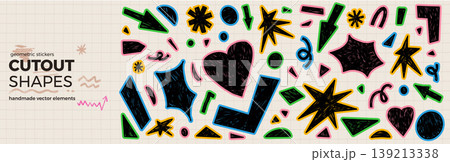 Cutout paper annotation shapes with black crayon and bright marker outlines on a grid paper background. Hand drawn cutout pieces for school diary or kids notebook. Vector geometric triangle, stars set 139213338