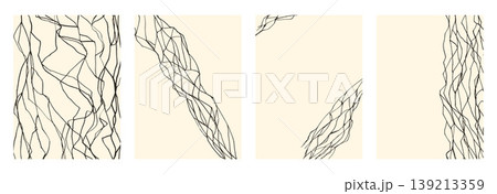 Kintsugi art simple posters set. Marble surface with black kintsukuroi repair pattern abstract crackle lines. Banners vintage texture. Vector wall art and ceramic-inspired design beige bg Kintsugi art simple posters set. Marble surface with black kintsukuroi repair pattern abstract crackle lines. Banners vintage texture. Vector wall art and ceramic-inspired design beige bg 139213359