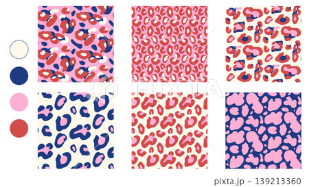 Leopard animal seamless print patterns collection for coquette fashion. Abstract panther spot pattern with animal texture on pink and cream background. Vector scatter with blue and red leopard motifs 139213360