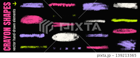 Neon crayon shapes in pink purple and green with accent on black. Fashion neon highlight line strokes with bold brush pencil marks. Hand drawn vector crayon underline elements for urban design Neon crayon shapes in pink purple and green with accent on black. Fashion neon highlight line strokes with bold brush pencil marks. Hand drawn vector crayon underline elements for urban design 139213365