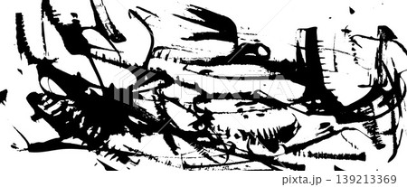 Black, ink brush stroke grunge background. Dynamic messy wall urban street background with grunge texture, abstract scribble swatch. Backdrop paint spot, rough splashes. Vector gritty handmade bg 139213369