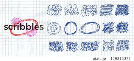 Kids naive pen scribbles on crumpled grid paper. Swirls for text highlights. Hand-drawn circles, scratches, squiggle. Abstract geometric doodles set. Vector handmade irregular oval, crosshatching form Kids naive pen scribbles on crumpled grid paper. Swirls for text highlights. Hand-drawn circles, scratches, squiggle. Abstract geometric doodles set. Vector handmade irregular oval, crosshatching form 139213372
