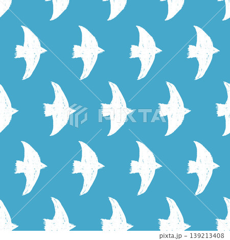 Bird chalk seamless pattern on blue sky for nautical print. White bird flock in a crayon chalk vector repeat on teal background. Hand drawn naive dove silhouette pattern for kids and beach design Bird chalk seamless pattern on blue sky for nautical print. White bird flock in a crayon chalk vector repeat on teal background. Hand drawn naive dove silhouette pattern for kids and beach design 139213408