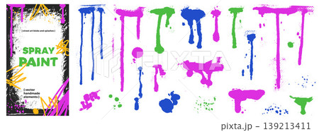 Spray drip set in pink, green and blue neon for social media post. School spray drips with splodge blobs, ink dot and splatter. Colorful vector collection for event banner and apparel design bg Spray drip set in pink, green and blue neon for social media post. School spray drips with splodge blobs, ink dot and splatter. Colorful vector collection for event banner and apparel design bg 139213411