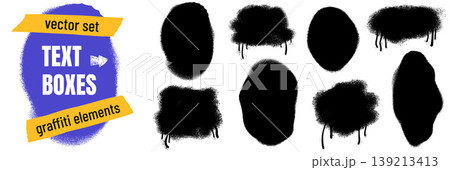 Callout shapes in spray paint with graffiti spot texture for street art. Black ink callout spray patches with rough drip on white. Urban vector text box frames for punk poster and overlay isolated set 139213413
