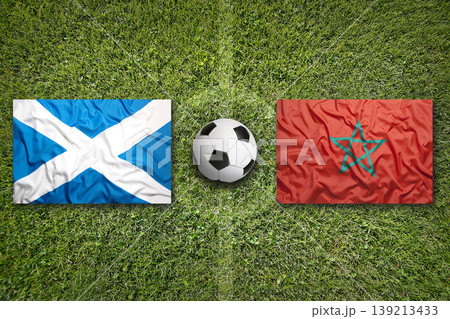 Scotland vs. Morocco flags on a soccer field Scotland vs. Morocco flags on a soccer field 139213433