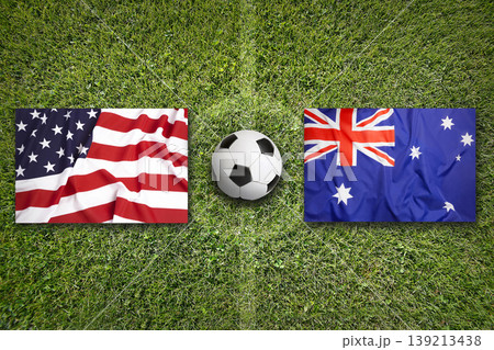 USA vs. Australia flags on a soccer field USA vs. Australia flags on a soccer field 139213438