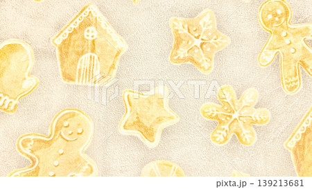 delightful gingerbread cookies in festive holiday shapes scattered on powdery flour background evoking warm christmas cheer with golden tones and intricate icing details delightful gingerbread cookies in festive holiday shapes scattered on powdery flour background evoking warm christmas cheer with golden tones and intricate icing details 139213681