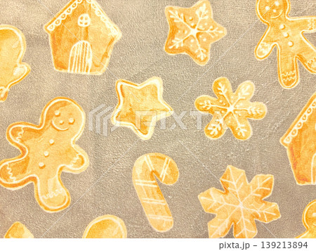 gingerbread cookie pattern whimsical watercolor holiday shapes scattered on textured gray fabric festive winter design gingerbread cookie pattern whimsical watercolor holiday shapes scattered on textured gray fabric festive winter design 139213894