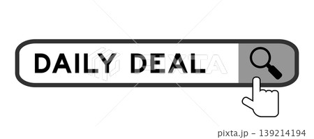 Search banner in word daily deal with hand over magnifier icon on white background Search banner in word daily deal with hand over magnifier icon on white background 139214194