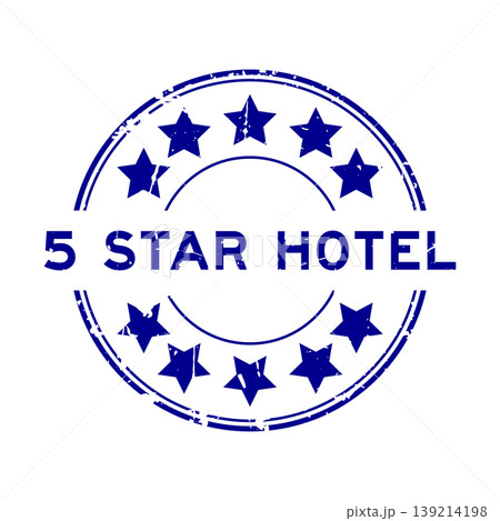 Grunge blue 5 star hotel word with star icon round rubber seal stamp on white background 139214198