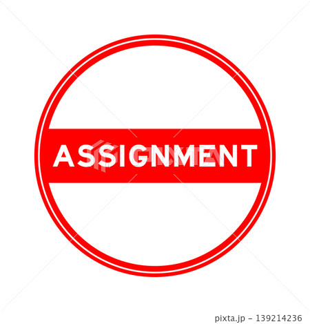 Red color round seal sticker in word assignment on white background 139214236