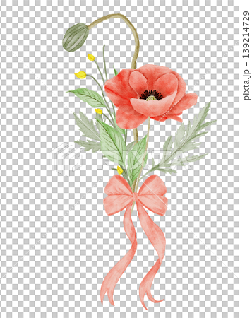 Watercolor Poppy Flower Bouquet with Ribbon Watercolor Poppy Flower Bouquet with Ribbon 139214729
