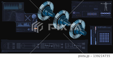 Futuristic heads up display with data visualization. Shows 3D mechanical models, charts, graphs, and engineering blueprints. High tech digital style with glowing blue elements on dark background 139214735