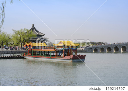 Ancient Chinese-style pleasure boat in Yiheyuan Imperial Park in Beijing, China Ancient Chinese-style pleasure boat in Yiheyuan Imperial Park in Beijing, China 139214797