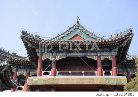 Wenchangge Tower and a budding spring willow tree in Yiheyuan Park in Beijing, China 139214803