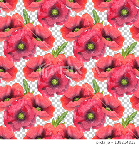 Vibrant red poppies, seamless watercolor pattern. Colorful fresh flowers with vibrant leaves, hand drawn. Colorful plants for floral cards, wrapping paper, prints, and fabric. 139214815