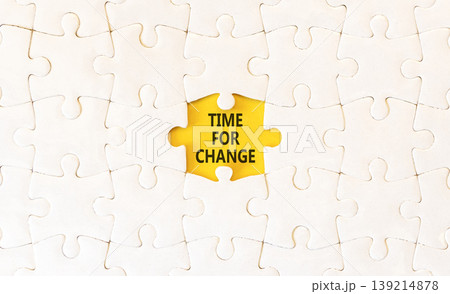 Time for change symbol. Concept words Time for change on beautiful white puzzles. Beautiful yellow background. Business and time for change concept. Copy space. Time for change symbol. Concept words Time for change on beautiful white puzzles. Beautiful yellow background. Business and time for change concept. Copy space. 139214878