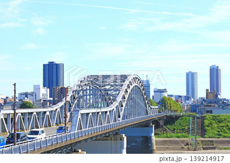 岐阜県岐阜市、忠節橋と岐阜駅前高層ビル群の風景 岐阜県岐阜市、忠節橋と岐阜駅前高層ビル群の風景 139214917