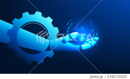 Technology background featuring a robotic hand emerging from a gear, representing AI-driven automation, intelligent systems, industrial innovation, machine control, and technology-powered processes. 139215020