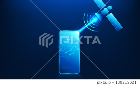 Technology background signal waves transmitted from a satellite to a smartphone, representing 5G connectivity, wireless communication, high-speed data transfer, network coverage, telecommunication 139215021