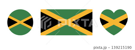 Flag of Jamaica heart, round, rectangular button, sticker. Set of Jamaica flag circle, rectangle, heart badge, banner, background. Kingston icon. Flag of Jamaica heart, round, rectangular button, sticker. Set of Jamaica flag circle, rectangle, heart badge, banner, background. Kingston icon. 139215190