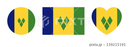 Saint Vincent and the Grenadines heart, rectangle, circle flag badge, sticker set. National round, heart, rectangular flag button, banner of Saint Vincent and the Grenadines. Flag icon, background. 139215191