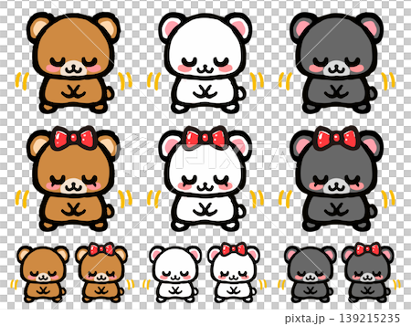 A set of doodle-style illustrations of a bowing bear. 139215235