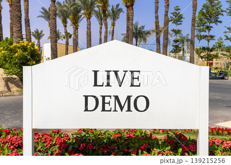 Live demo symbol. Concept words Live demo on beautiful big white road sign. Beautiful blue sky palm trees background. Copy space. Business and live demo concept. 139215256