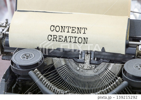 Time for content creation symbol. Concept words Content creation typed on beautiful old retro typewriter. Beautiful white paper background. Business time for content creation concept. Copy space. Time for content creation symbol. Concept words Content creation typed on beautiful old retro typewriter. Beautiful white paper background. Business time for content creation concept. Copy space. 139215292