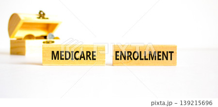 Medicare enrollment words symbol. Concept words Medicare enrollment on beautiful blocks. Beautiful white background. Wooden chest with coins. Medical and Medicare enrollment words concept. Copy space. Medicare enrollment words symbol. Concept words Medicare enrollment on beautiful blocks. Beautiful white background. Wooden chest with coins. Medical and Medicare enrollment words concept. Copy space. 139215696