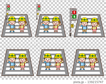 A set of illustrations of a child crossing a pedestrian crossing. A set of illustrations of a child crossing a pedestrian crossing. 139215747