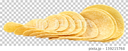 Stack of thin and crispy potato chips isolated. Golden yellow salty snacks arranged in a neat row. Tasty fast food and junk food appetizer for parties. Close up studio shot. 139215768